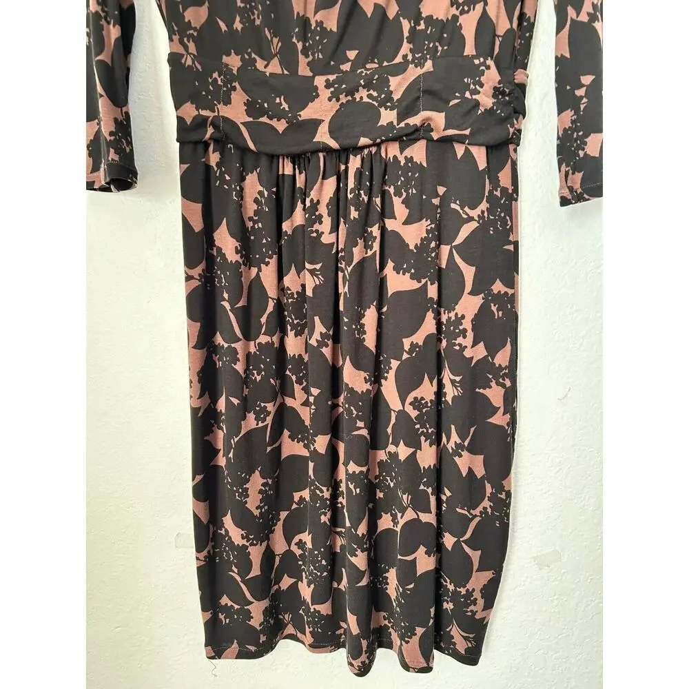 Boden Dress Size 12R Brown‎ Black Floral Print Ruched Waist Jersey Scoop Neck